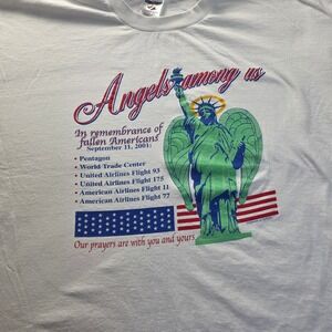 Vintage Jerzees 9/11 Memorial T-Shirt 2XL White Angels Among Us 2001 Graphic Tee